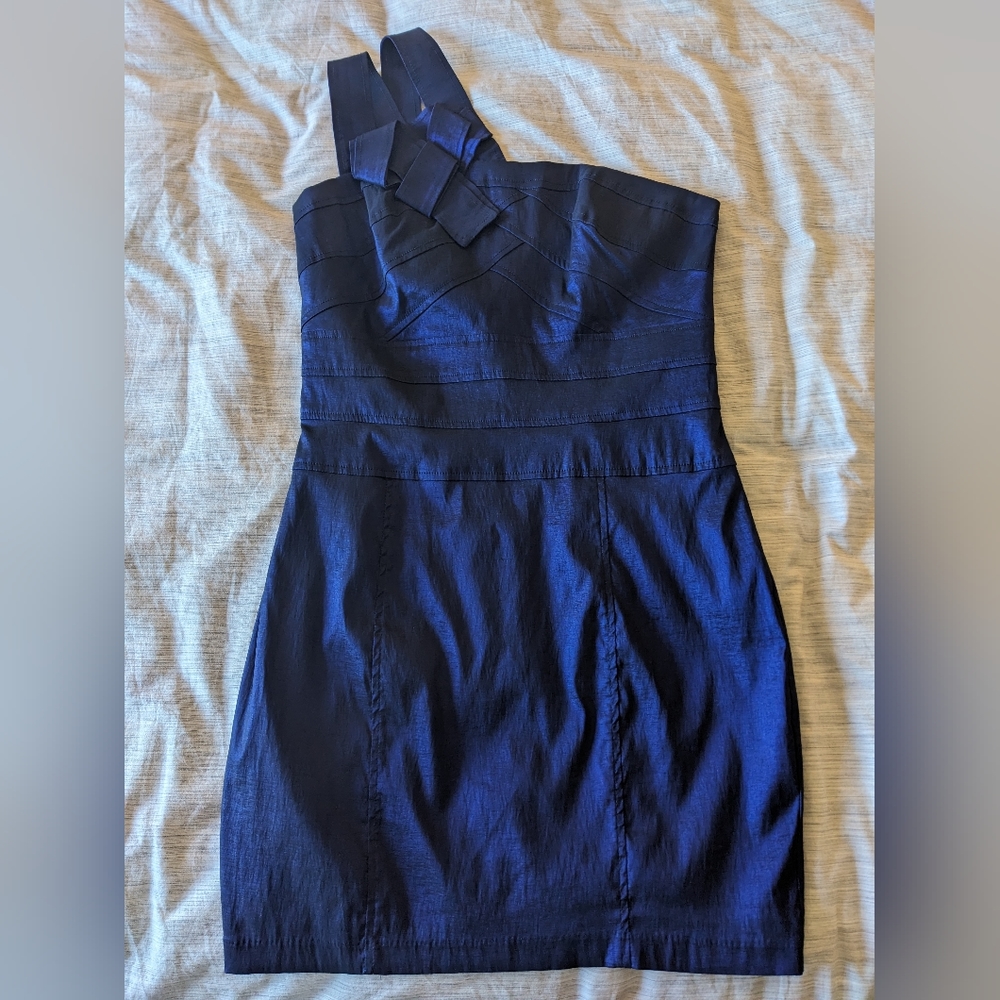 Metallic Blue Asymmetrical Strap Dress